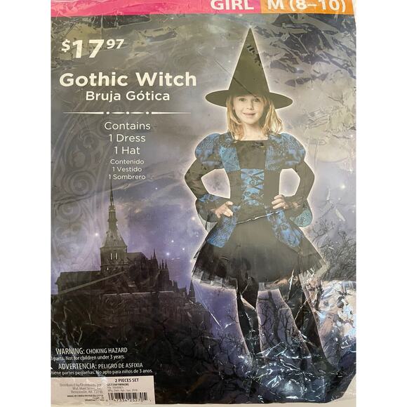 Blue Black Witch Hat Long Sleeve Dress Girls’ Costume 2 Piece Set Size M 8-10 - Picture 11 of 12